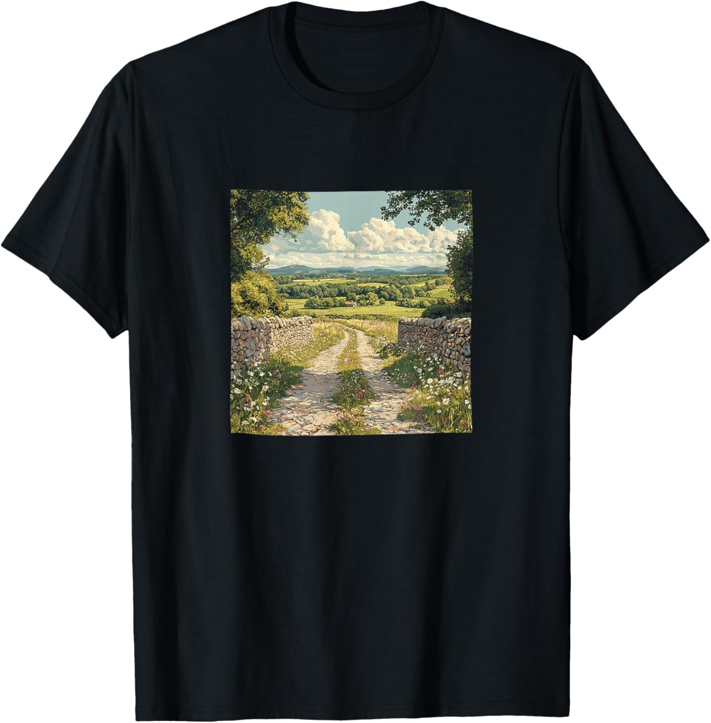 Countryside With Stone Walls Vintage Landscape Graphic