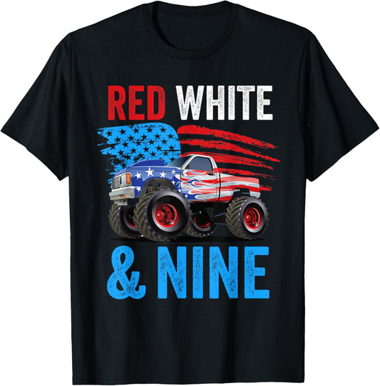 Red White Nine Monster Truck Boy 9Th Birthday Usa Flag