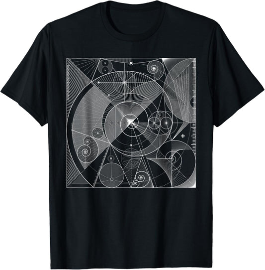 Sacred Geometry T Shirt Fibonacci, White Golden Spiral