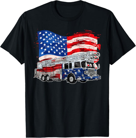 Retro Fire Truck Firefighter Fireman Usa Flag 4Th Of July