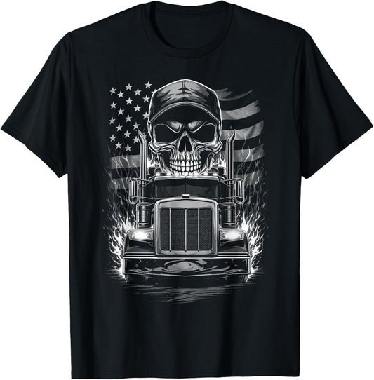 Trucker Patriotic American Flag Semi Truck Driver Skull