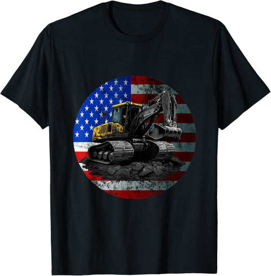 Excavator Construction Vehicle Vintage American Usa Flag