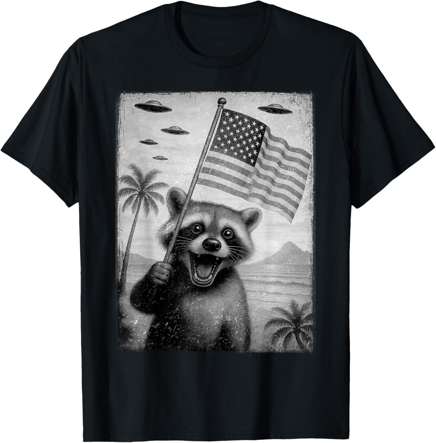 Funny Racoon Selfie With Ufos Meme 4Th Of July Shirt Men Kid