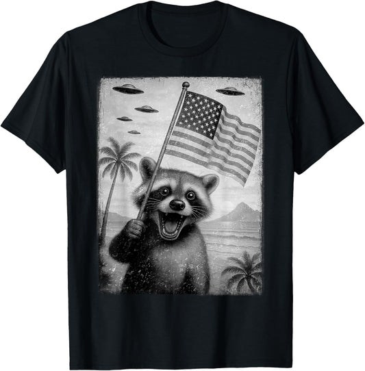 Funny Racoon Selfie With Ufos Meme 4Th Of July Shirt Men Kid