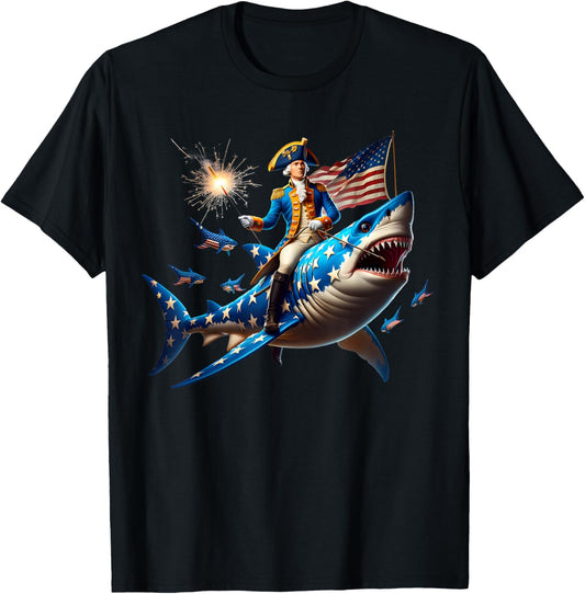 Washington Riding Shark Funny July 4Th American Flag Patriot