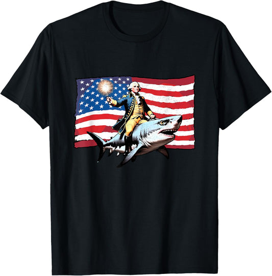 4Th Of July George Washington Riding Shark American Flag Men