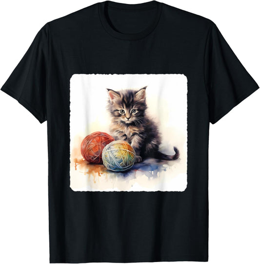 Cat With A Yarn Ball. Cat Playing With Ball Of Yarn, Play T-Shirt for Men Women Kids