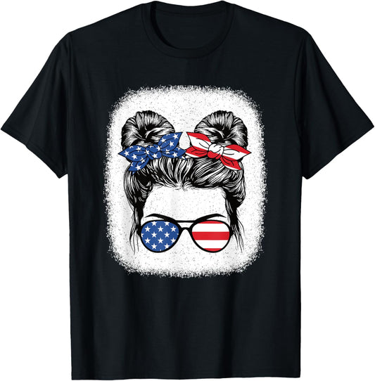 Cute 4Th Of July Messy Bun Girl American Flag Patriotic Usa
