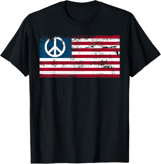 Distressed American Usa Flag With Peace Sign T Shirt