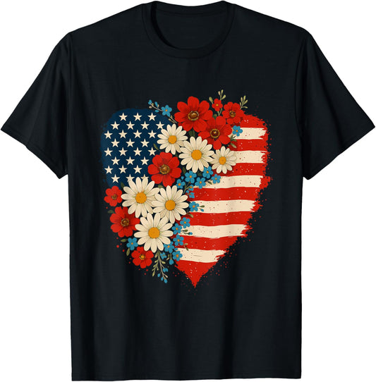 Floral American Flag Heart 4Th Of July Usa Patriotic