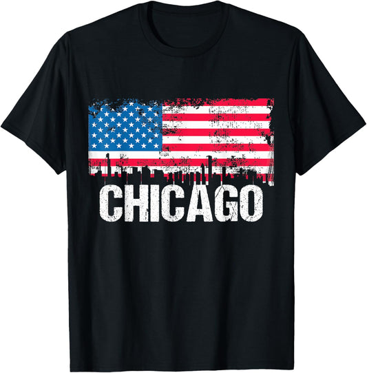 Vintage Us Flag American City Skyline Chicago Illinois