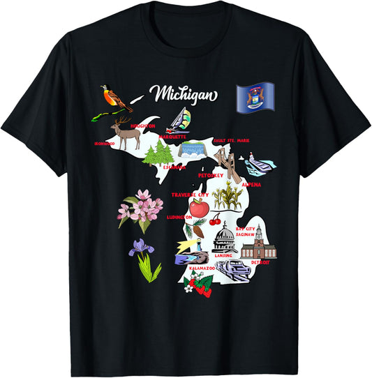 Illustrated Map Of Michigan In The Usa Cities Symbols