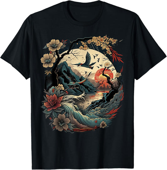 retro Japanese Art Birds & Cherry Blossom and vintage sunset