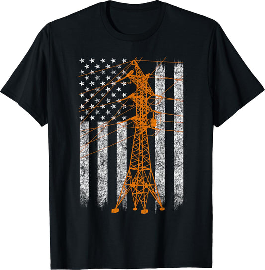 Cool Transmission Tower American Flag Lineman T Shirt