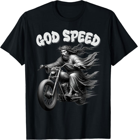 God speed Jesus on a Motorcycle Christian humour tee