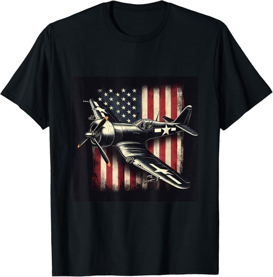 Ww2 Warplane F4U Corsair Distressed American Flag Vintage