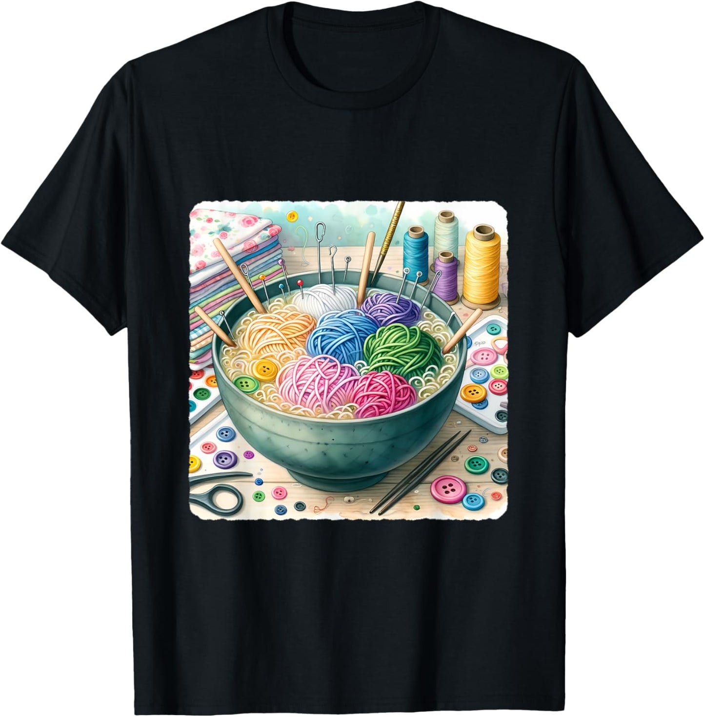 Ramen Bowl With Noodle Yarn, Needle, Button Toppings. Yarn