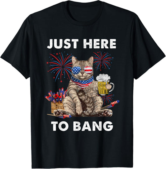 Just Here To Bang Usa Flag Funny Beer 4Th Of July Cat Lover