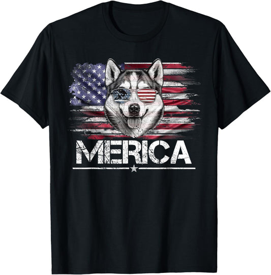 Vintage Husky Dog Merica Husky Dog Usa Flag Funny