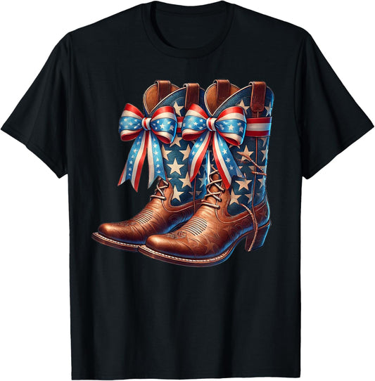 4Th Of July Cowgirl Boots Coquette Bow American Flag Western