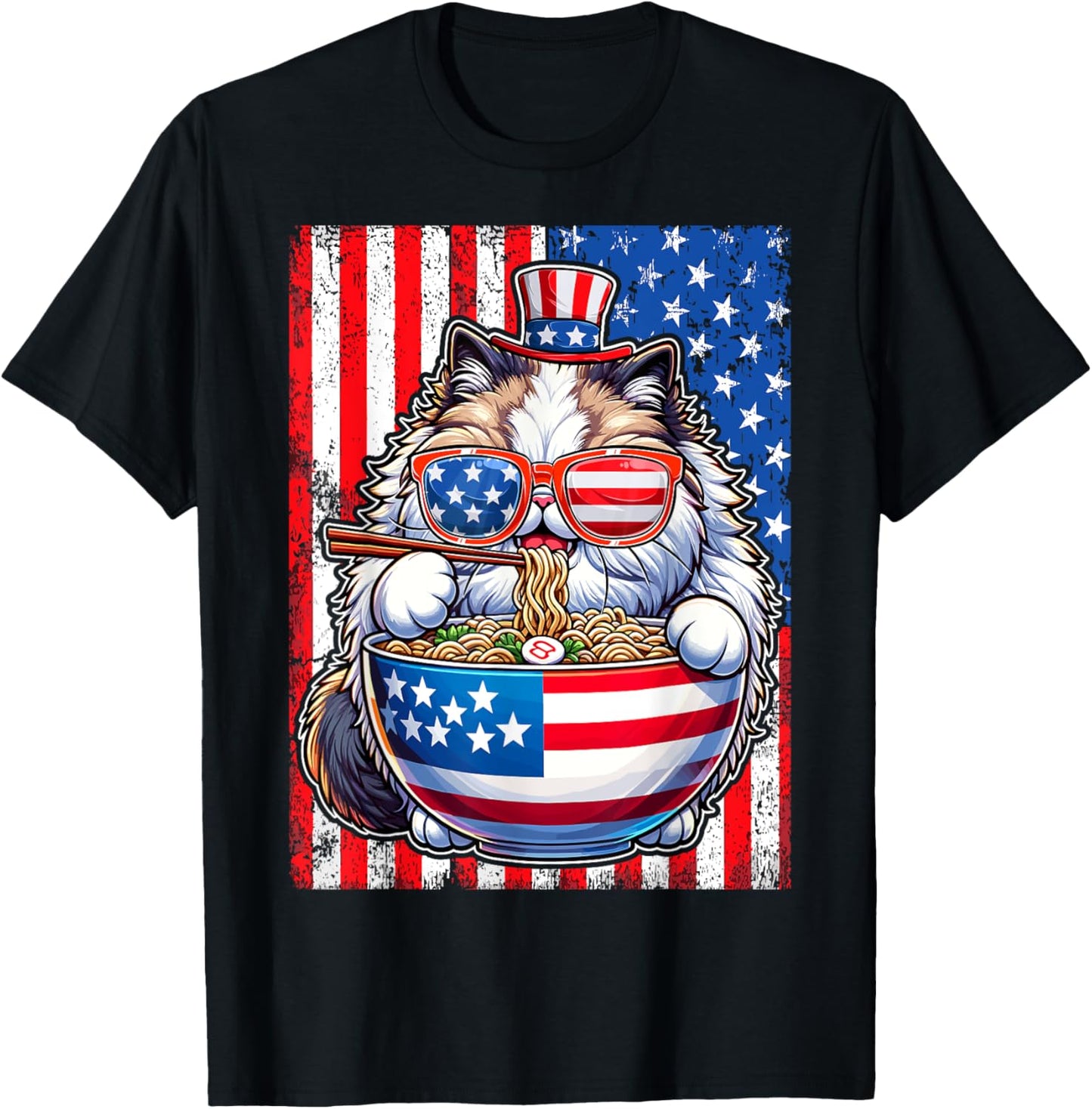 Cat Ramen Sunglass American Flag 4Th Of July Funny Patriotic