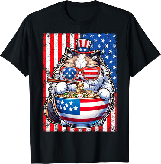 Cat Ramen Sunglass American Flag 4Th Of July Funny Patriotic