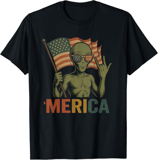 Alien Ufo Merica Rock American Flag Patriotic 4Th Of July