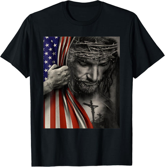 Vintage American Flag And Jesus Cross Christian Holiday