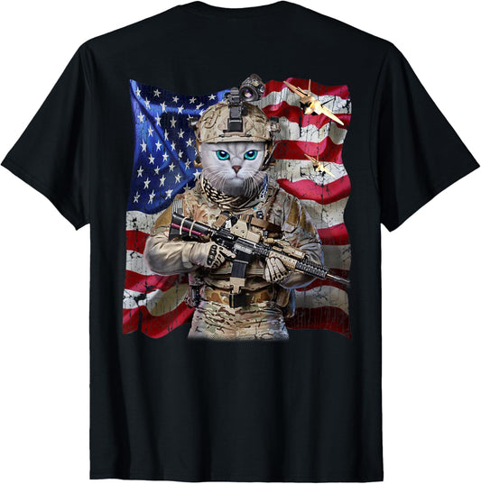 White Cat As Infantry Soldier With Flag Of Usa