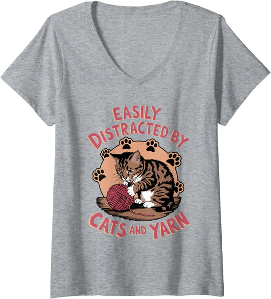 Womens Easily Distracted By Cats And Yarn for Cat Lovers Knitters V-Neck