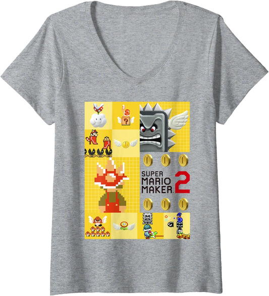 Super Mario Maker 2 Character Gameplay Panel Logo V-Neck