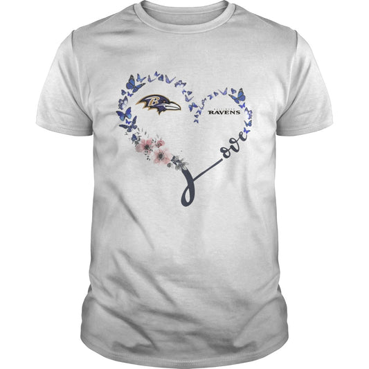 Baltimore Ravens Heart Butterfly And Flowers Shirt