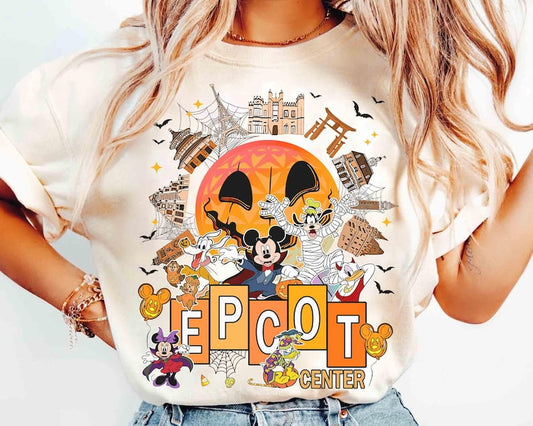 Epcot Center Mickey And Friends Halloween T Shirt, Mickey Mummy Skeleton Shirt, Disney Epcot Halloween 2025 Matching Tee, WDW Resort Family ,Sand Color,Size 3XL