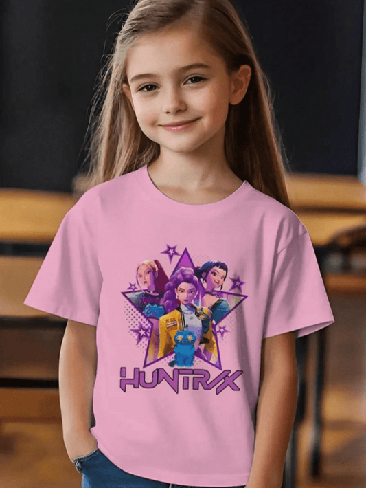 Girls' Kpop Huntrix Demon Hunter Graphic T Shirt   Purple & Anime Girls Design, Lightweight Knit Top For Korean Fans, Casual Everyday & Themed Events Outfit, Fan Merchandise