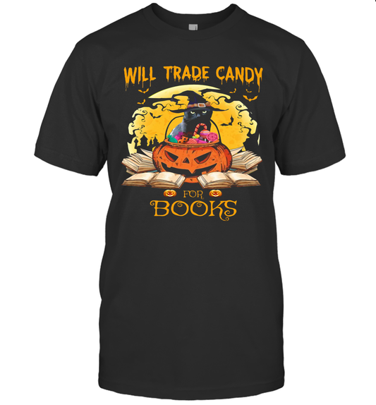 Halloween Cat Witch Will Trade Candy For Books Moon T Shirt