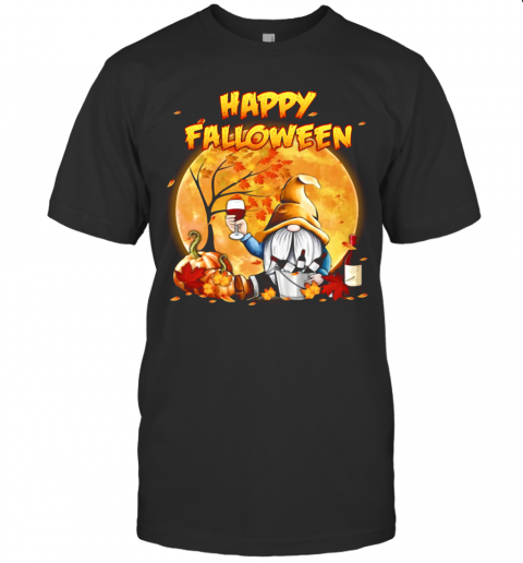 Halloween Gnomes Drink Wine Pumpkin Maple Leaves Happy Falloween T Shirt