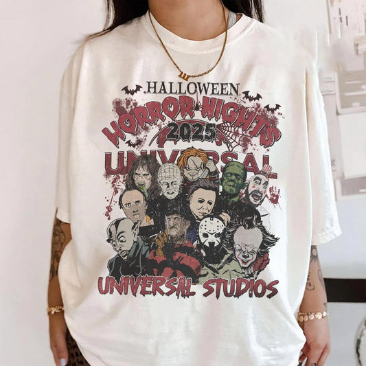 Halloween Horror Nights Universal Studios 2025 Shirt, Horror Characters Shirt, Universal Studios Halloween Shirt, Halloween Party 2025,White Color,Size XL