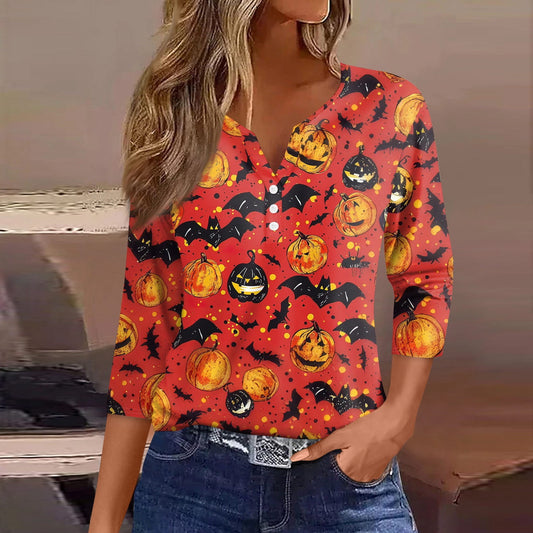 Halloween Shirts V Neck T Shirt for women 2025 Bat Pumpkin Print 3/4 Sleeve Dressy Button Down Tunic Blouses