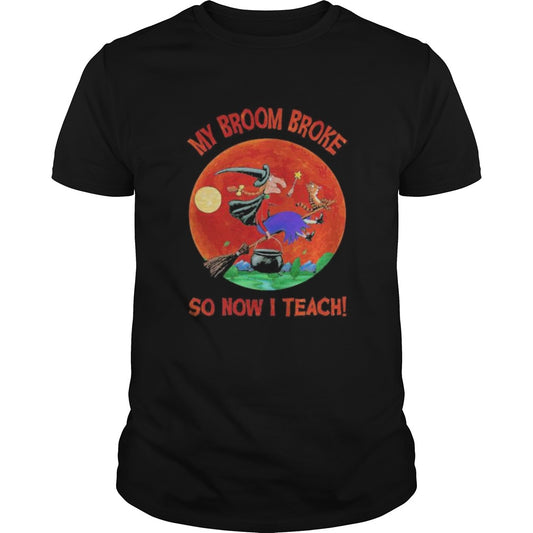 Halloween witch and cat my broom broke so now i teach moon shirt