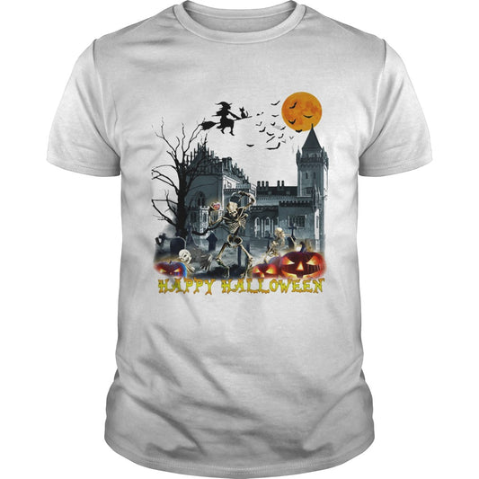 Happy Hlloween Bone Witch Bird Old Building Pumpkin Sun Black shirt