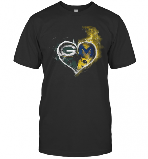 Heart Green Bay Packers And Michigan Wolverines Football T Shirt