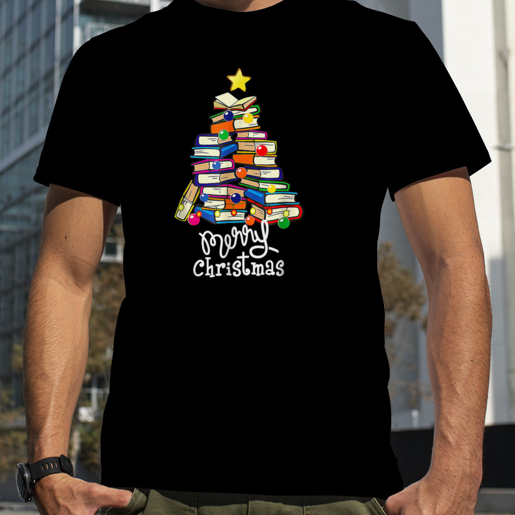 Merry Christmas Tree Shirt Love Reading Books Librarian Nerd T Shirt B0BMB2ZFV4