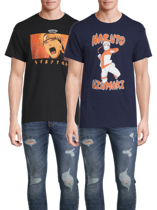 Naruto Men's & Big Men's Uzumaki Anime Graphic Tees Shirts, 2 Pack, Sizes S 3XL, Naruto Anime Mens T Shirts