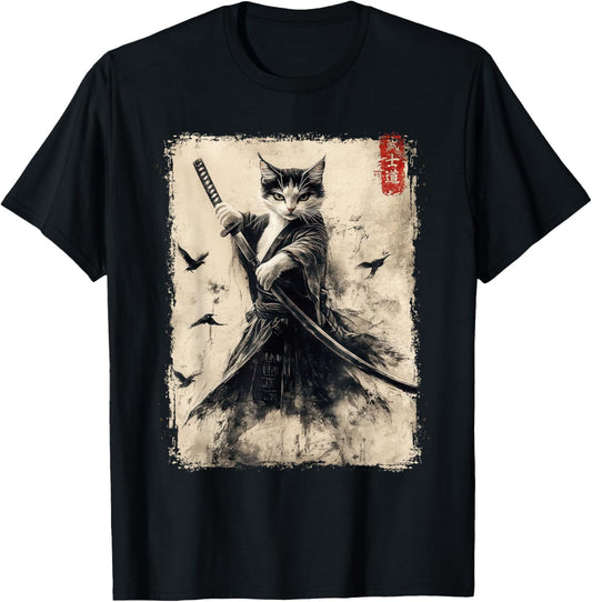 Samurai Cat Graphic Tee Warrior Vintage Japanese Art Anime T Shirt Tee