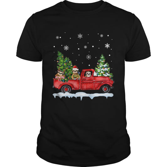 Sloth With Red Truck Christmas Holiday Gift TShirt