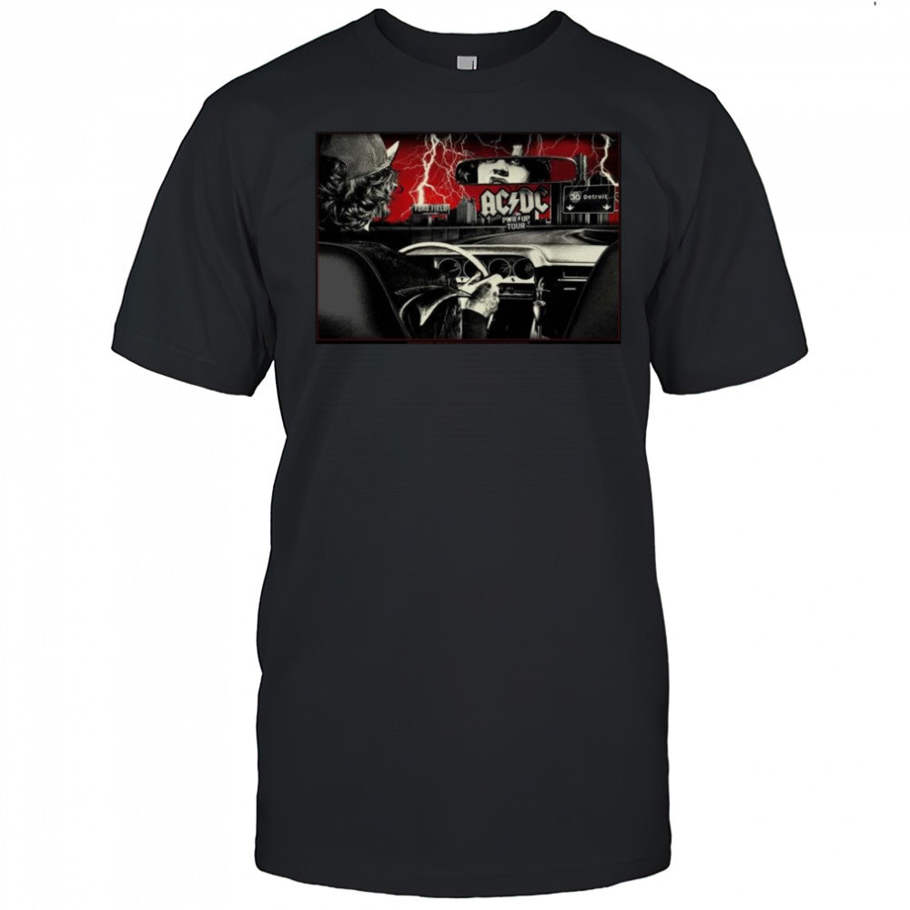 ACDC PWR Up Detroit 2025 At Ford Field Michigan On April 30 2025 Angus Young Riding A Car Shirt