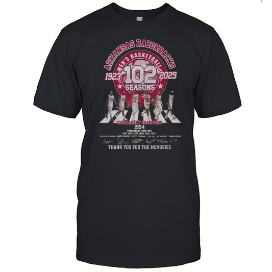 Arkansas Razorbacks Mens Basketball 102 Seasons 1923 2025 Tournament Champions Thank You For The Memories Signatures Shirt