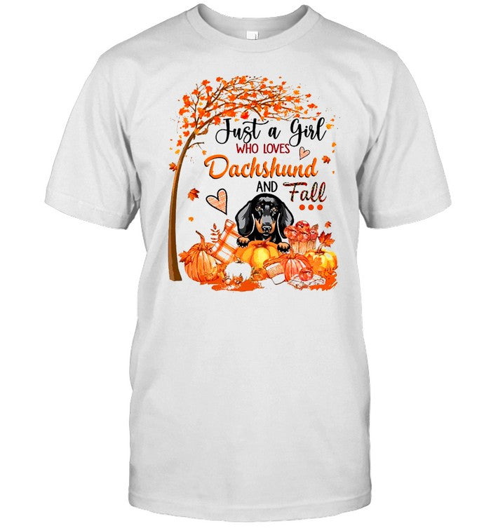 Autumn Leave Tree Just A Girl Who Loves Dachshund And Fall Halloween Shirt