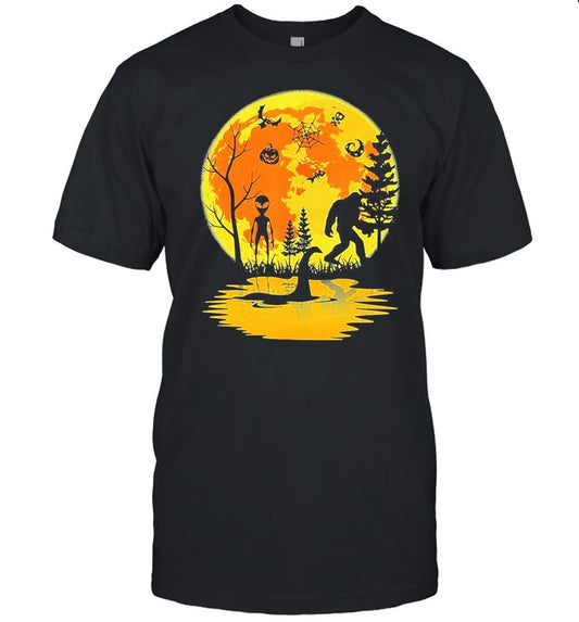 Bigfoot With Alien Loch Ness Monster Halloween T shirt