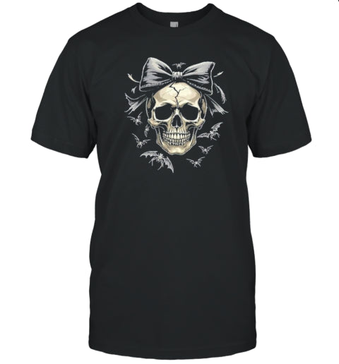 Coquette Skull With Bow And Bats Spooky Halloween T Shirt